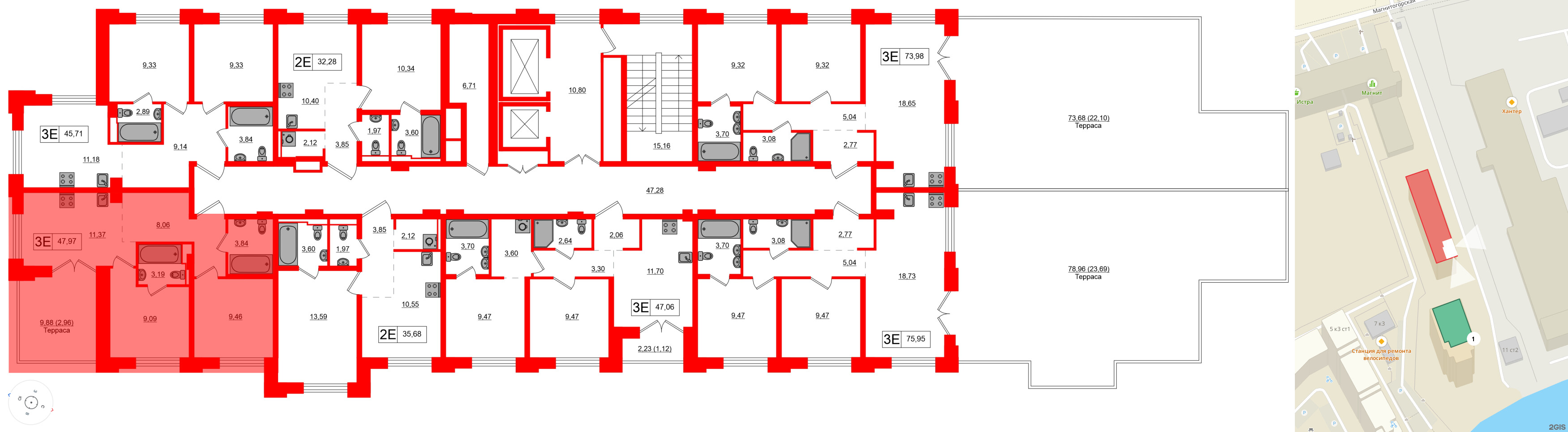 Квартира в ЖК Alpen, 2 комнатная, 47.97 м², 9 этаж