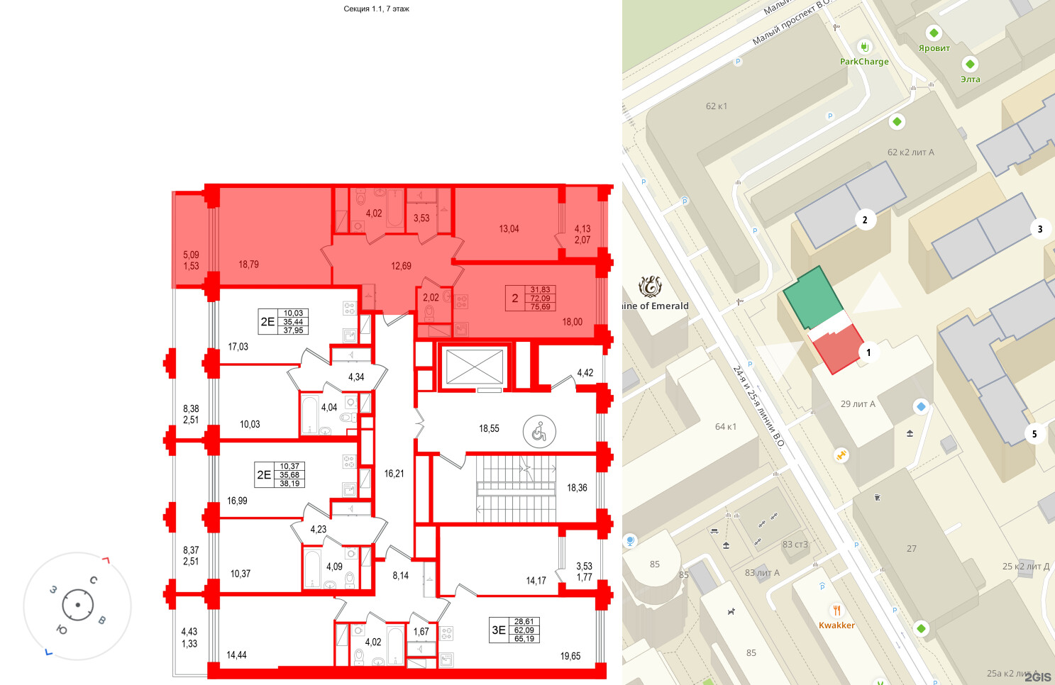 Квартира в ЖК Ассамблея, 2 комнатная, 65.19 м², 7 этаж