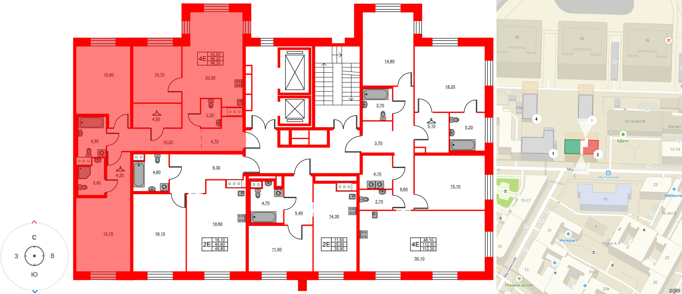 Квартира в ЖК «Моисеенко 10», 3 комнатная, 96.2 м², 3 этаж