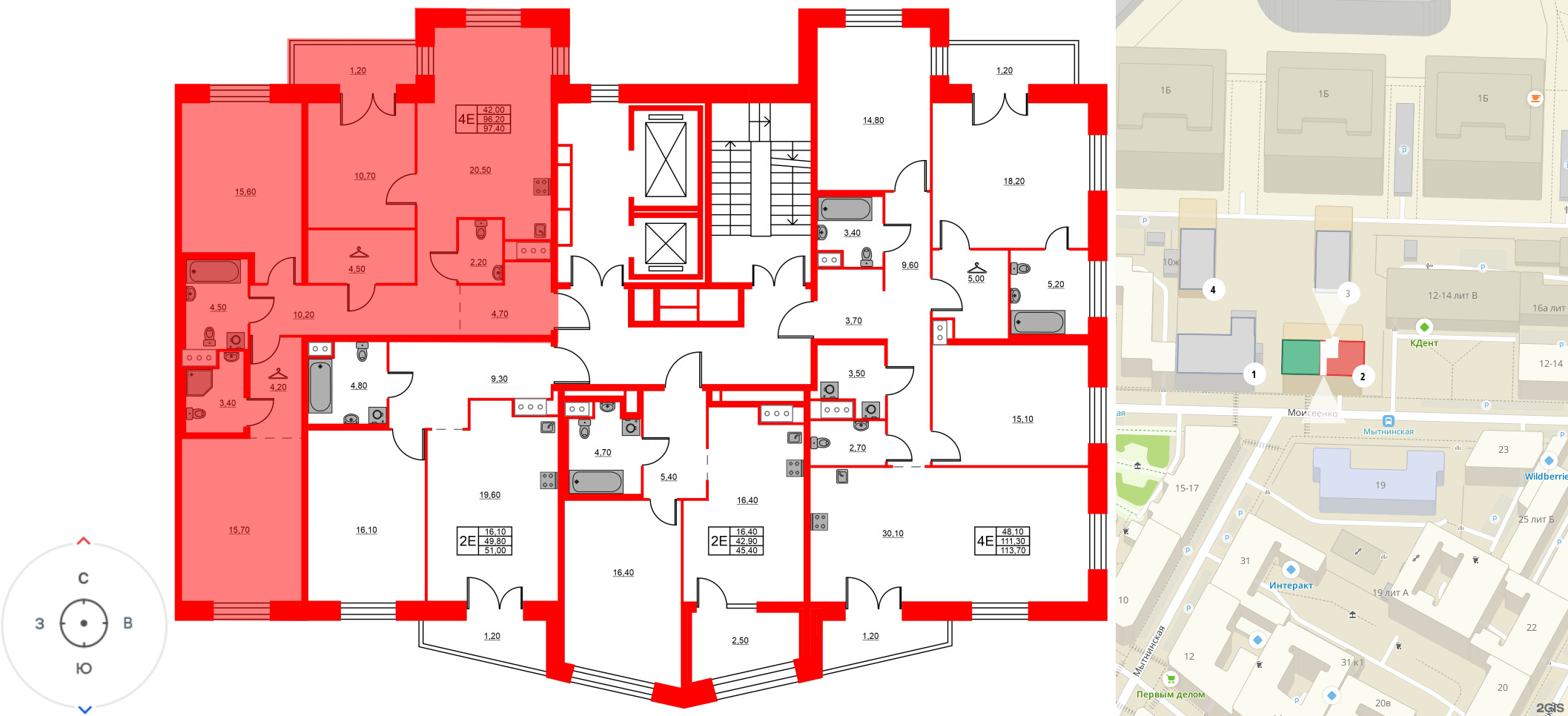 Квартира в ЖК «Моисеенко 10», 3 комнатная, 97.4 м², 4 этаж