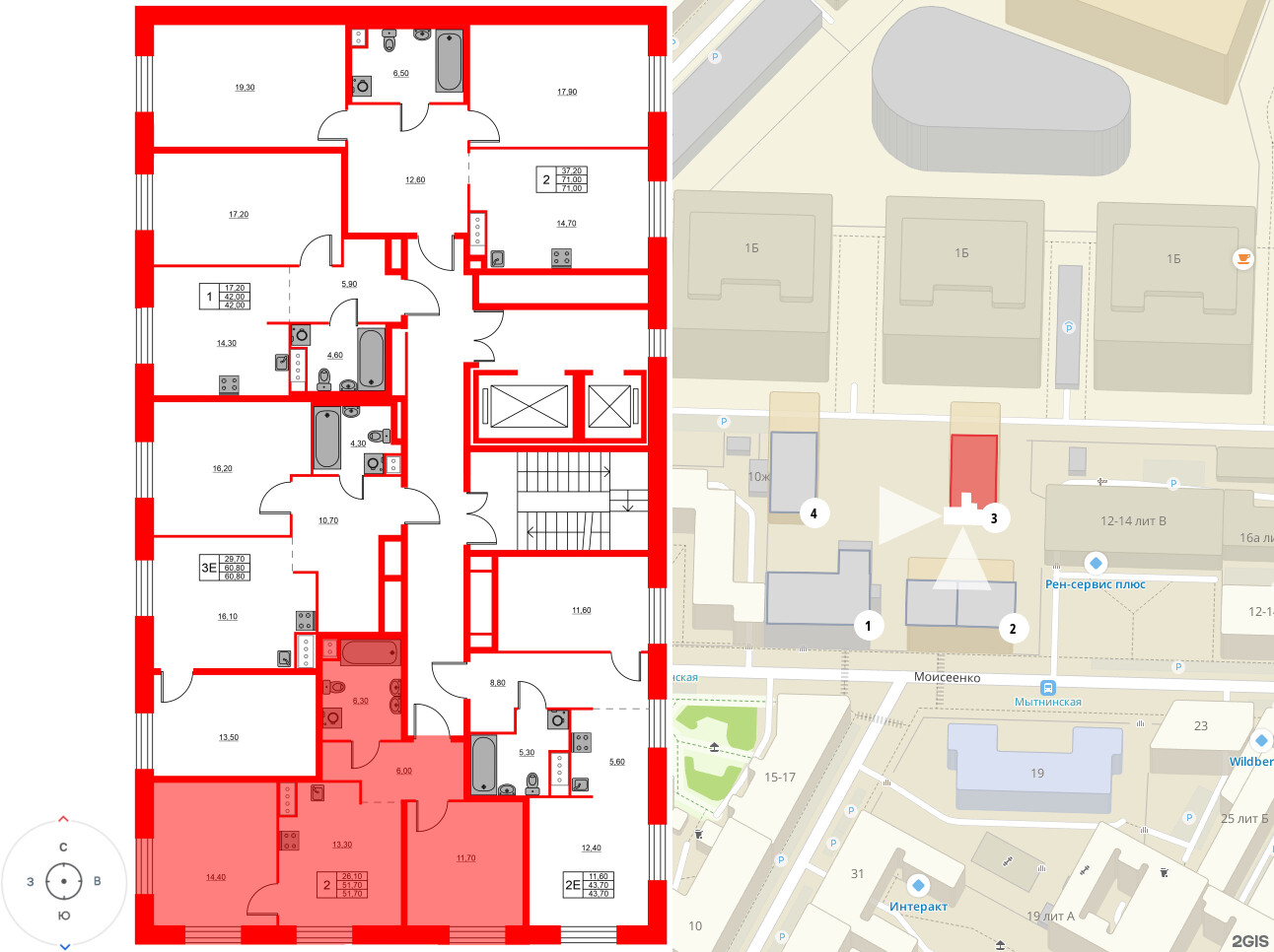 Квартира в ЖК «Моисеенко 10», 2 комнатная, 51.7 м², 3 этаж
