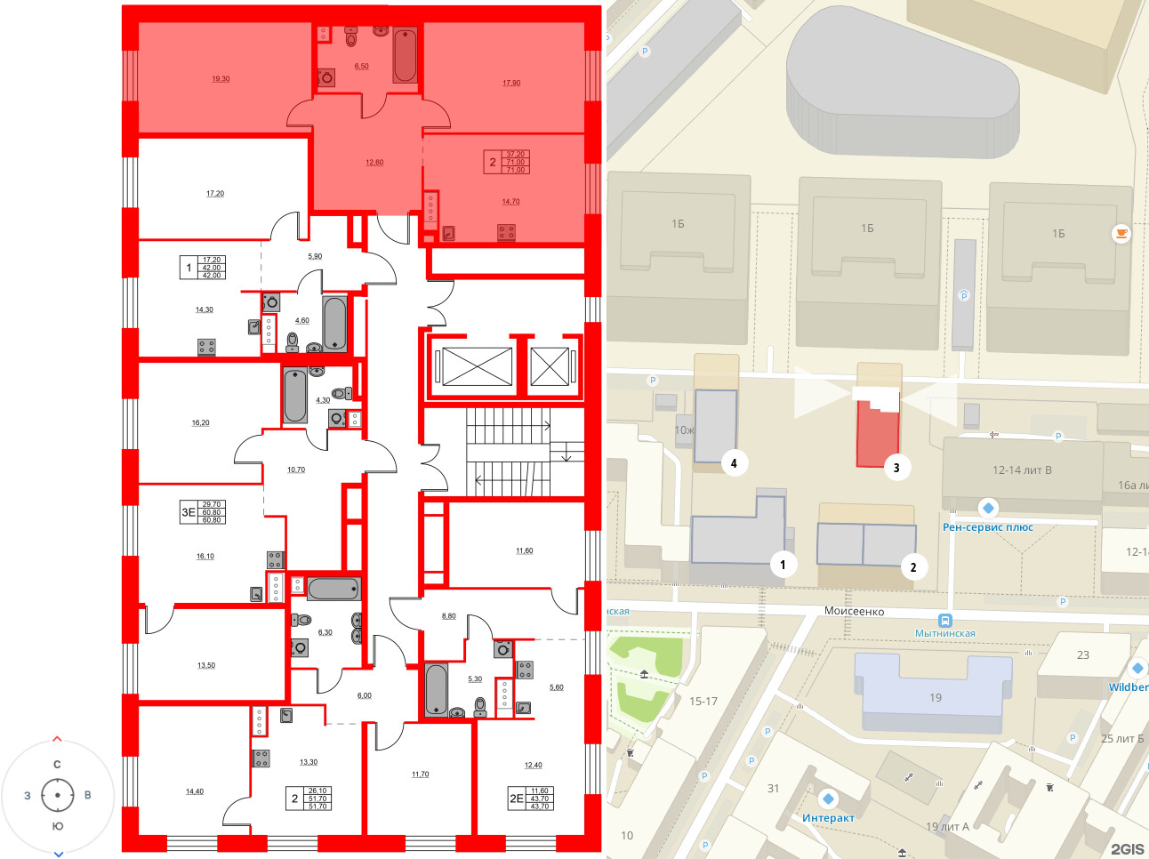 Квартира в ЖК «Моисеенко 10», 2 комнатная, 71 м², 3 этаж