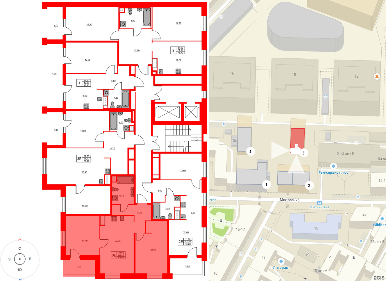 Квартира в ЖК «Моисеенко 10», 2 комнатная, 65.9 м², 8 этаж