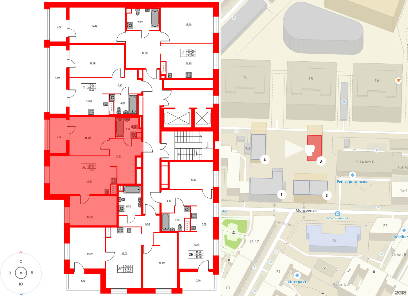 Квартира в ЖК «Моисеенко 10», 2 комнатная, 70.9 м², 5 этаж