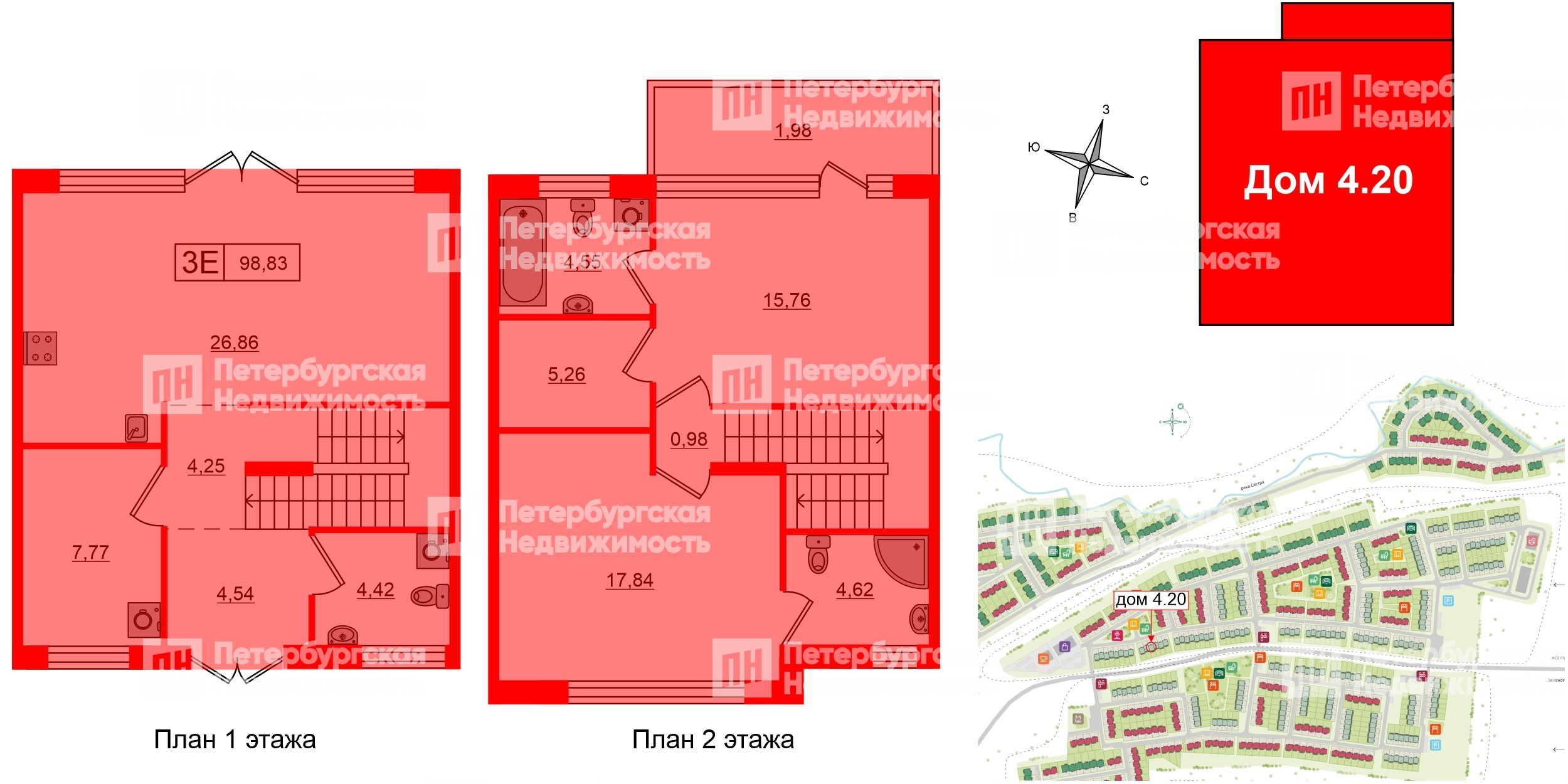 Квартира в ЖК «Моменты Репино», 2 комнатная, 98.83 м², 1 этаж