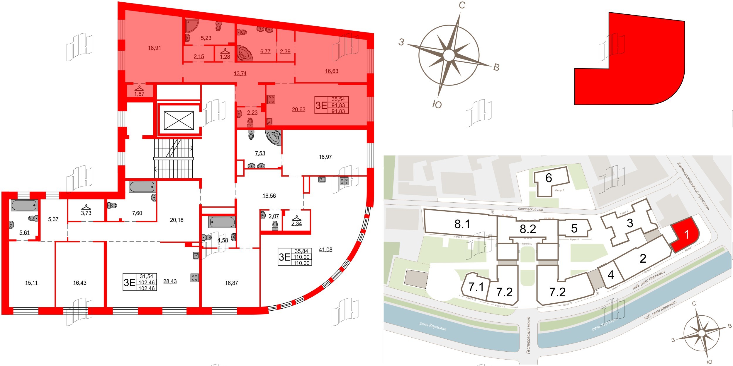 Квартира в ЖК Северная корона, 2 комнатная, 91.83 м², 3 этаж