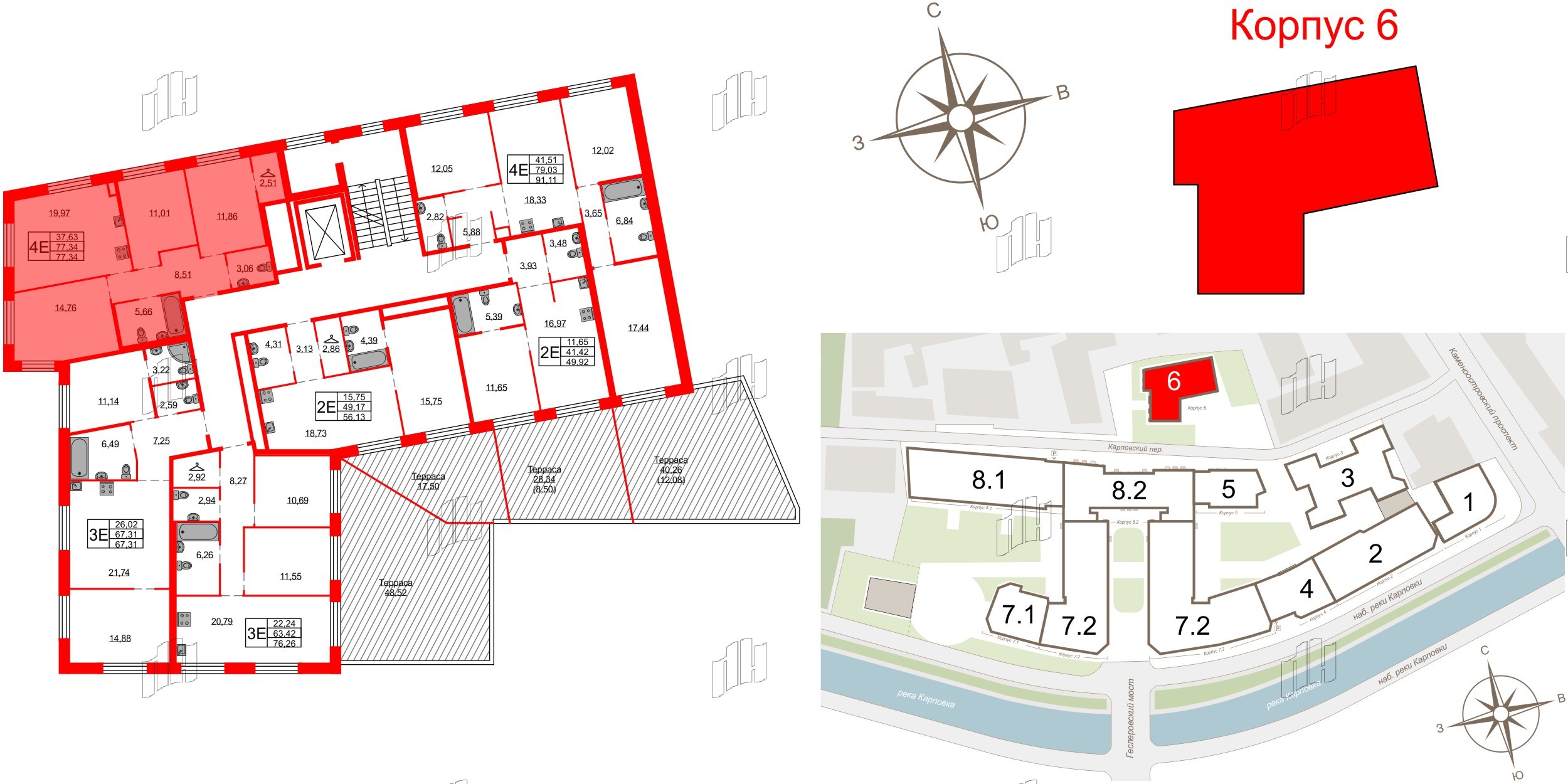 Квартира в ЖК Северная корона, 3 комнатная, 77.34 м², 2 этаж