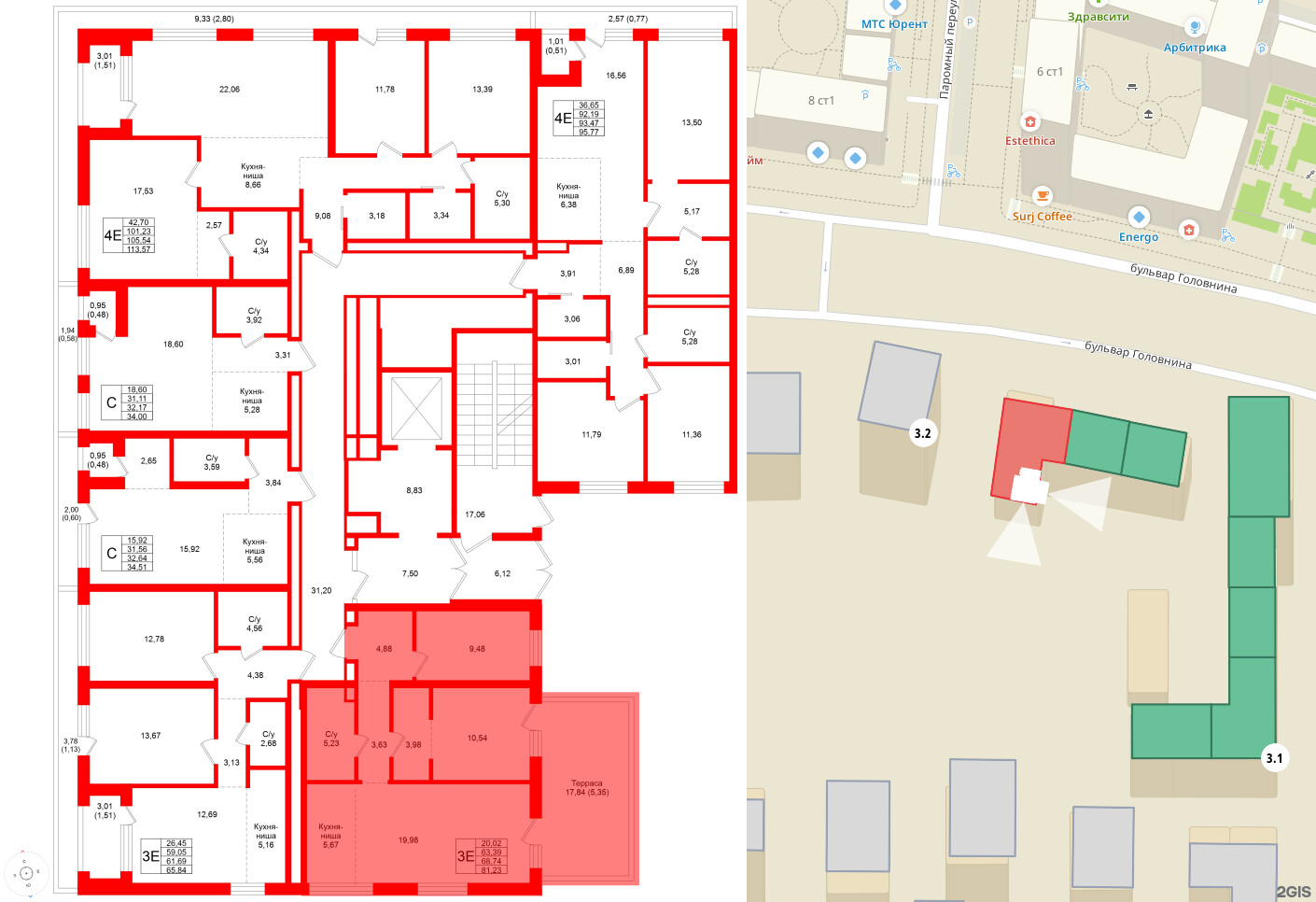 Квартира в ЖК Северный ветер, 2 комнатная, 65.84 м², 2 этаж