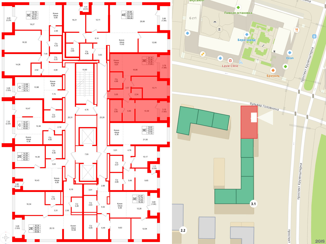 Квартира в ЖК Северный ветер, 2 комнатная, 77.93 м², 13 этаж