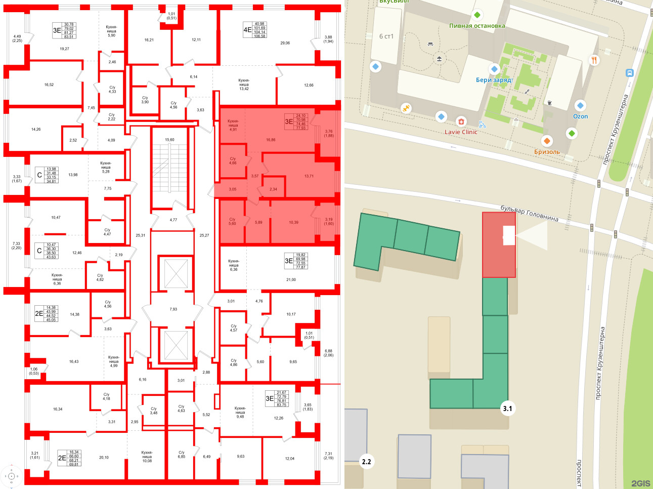 Квартира в ЖК Северный ветер, 2 комнатная, 77.93 м², 3 этаж