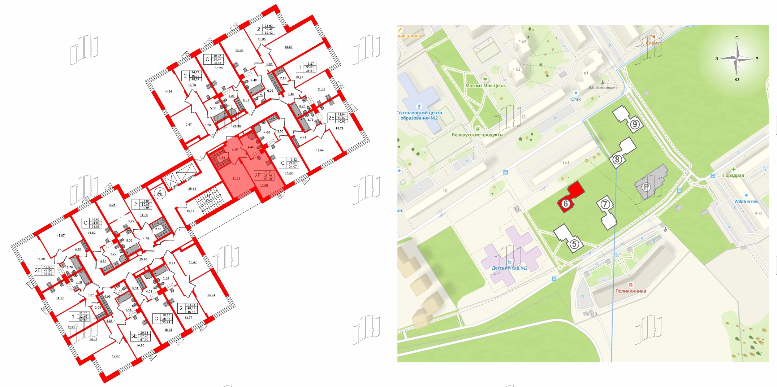 Квартира в ЖК VEREN NORT Сертолово, 2 комнатная, 57.7 м², 2 этаж
