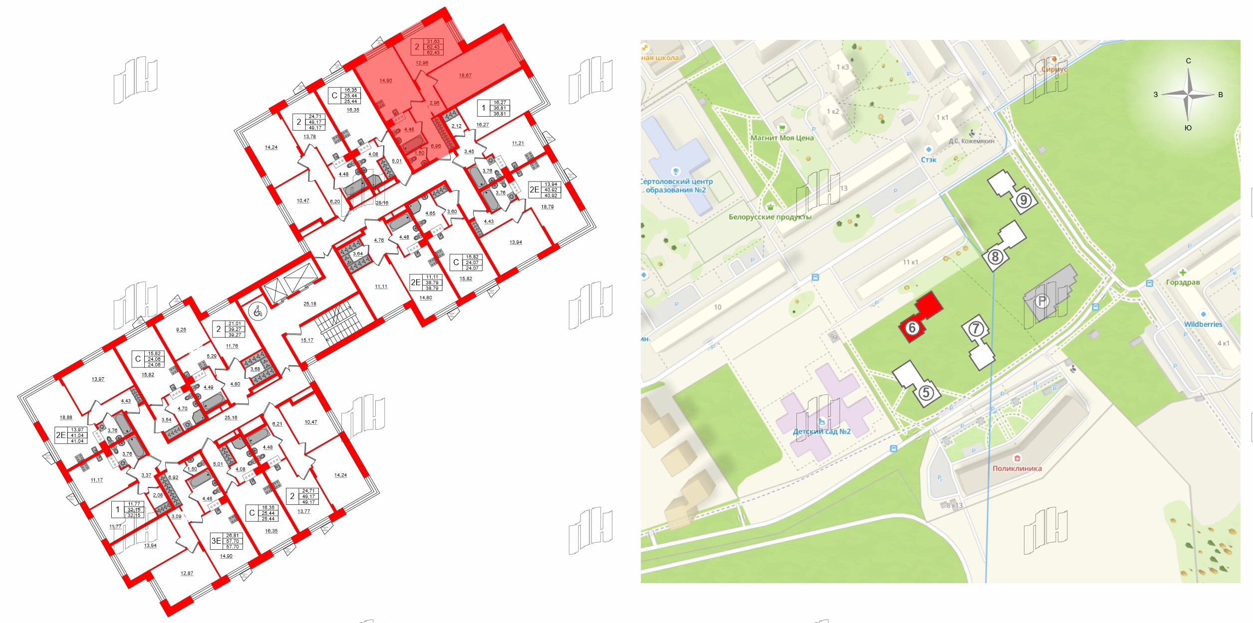 Квартира в ЖК VEREN NORT Сертолово, 2 комнатная, 49.17 м², 3 этаж