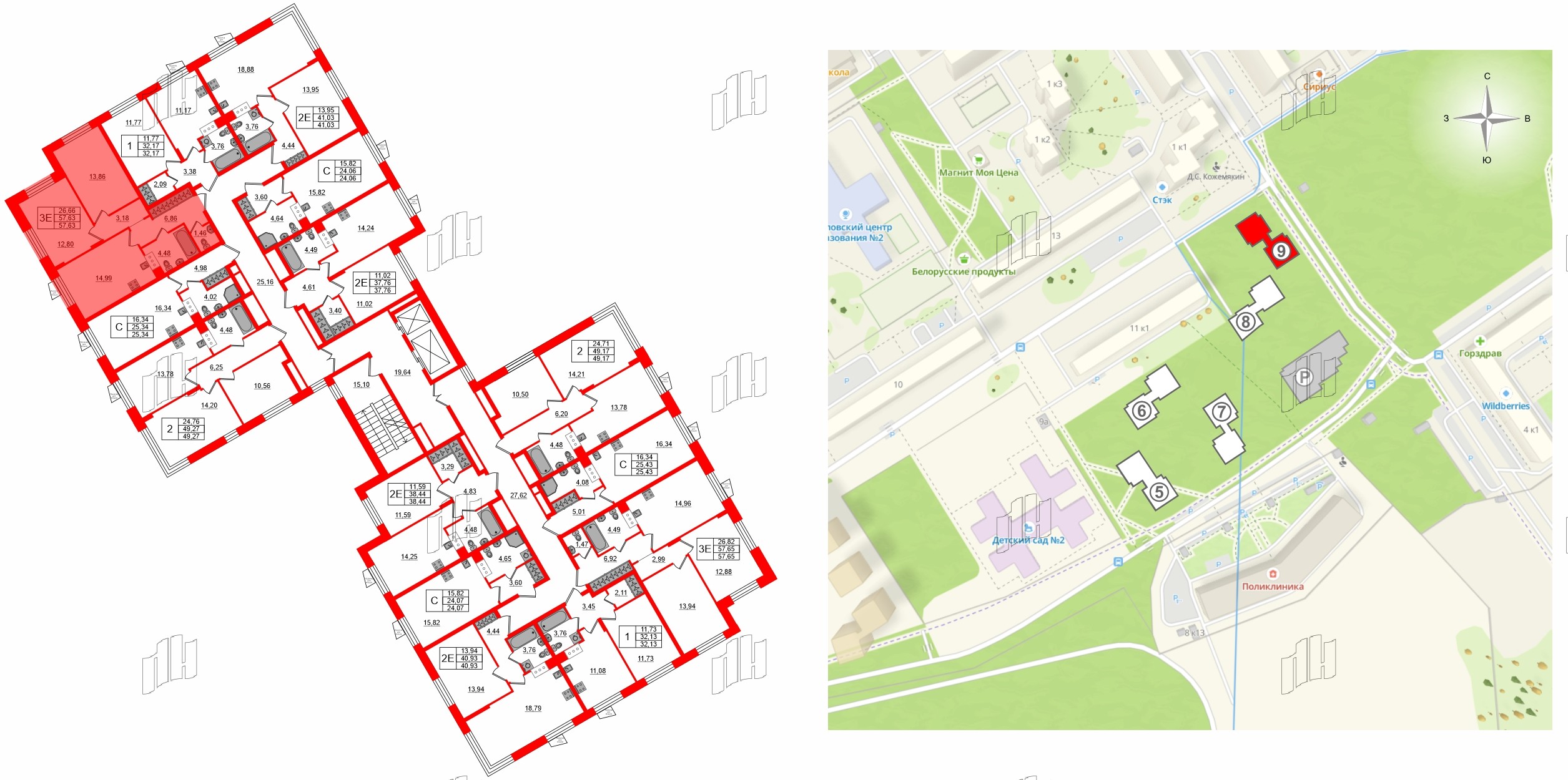 Квартира в ЖК VEREN NORT Сертолово, 2 комнатная, 57.63 м², 4 этаж