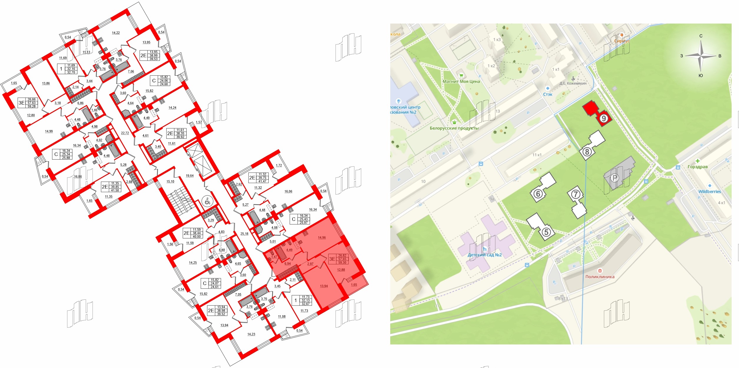 Квартира в ЖК VEREN NORT Сертолово, 2 комнатная, 59.28 м², 8 этаж