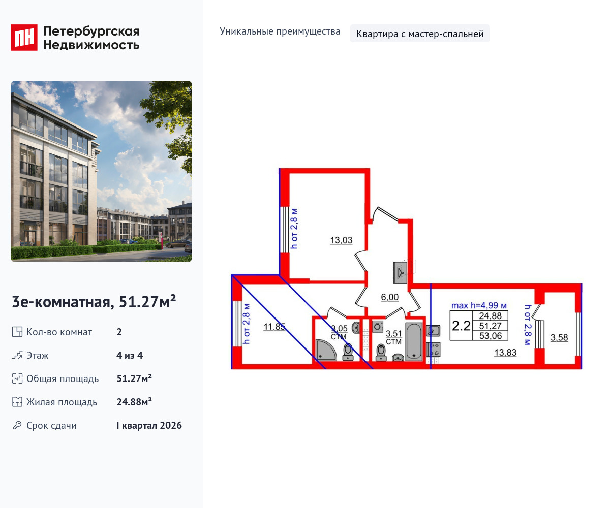 2-комнатная, 51.27 м2, ЖК «Дворцовый фасад»