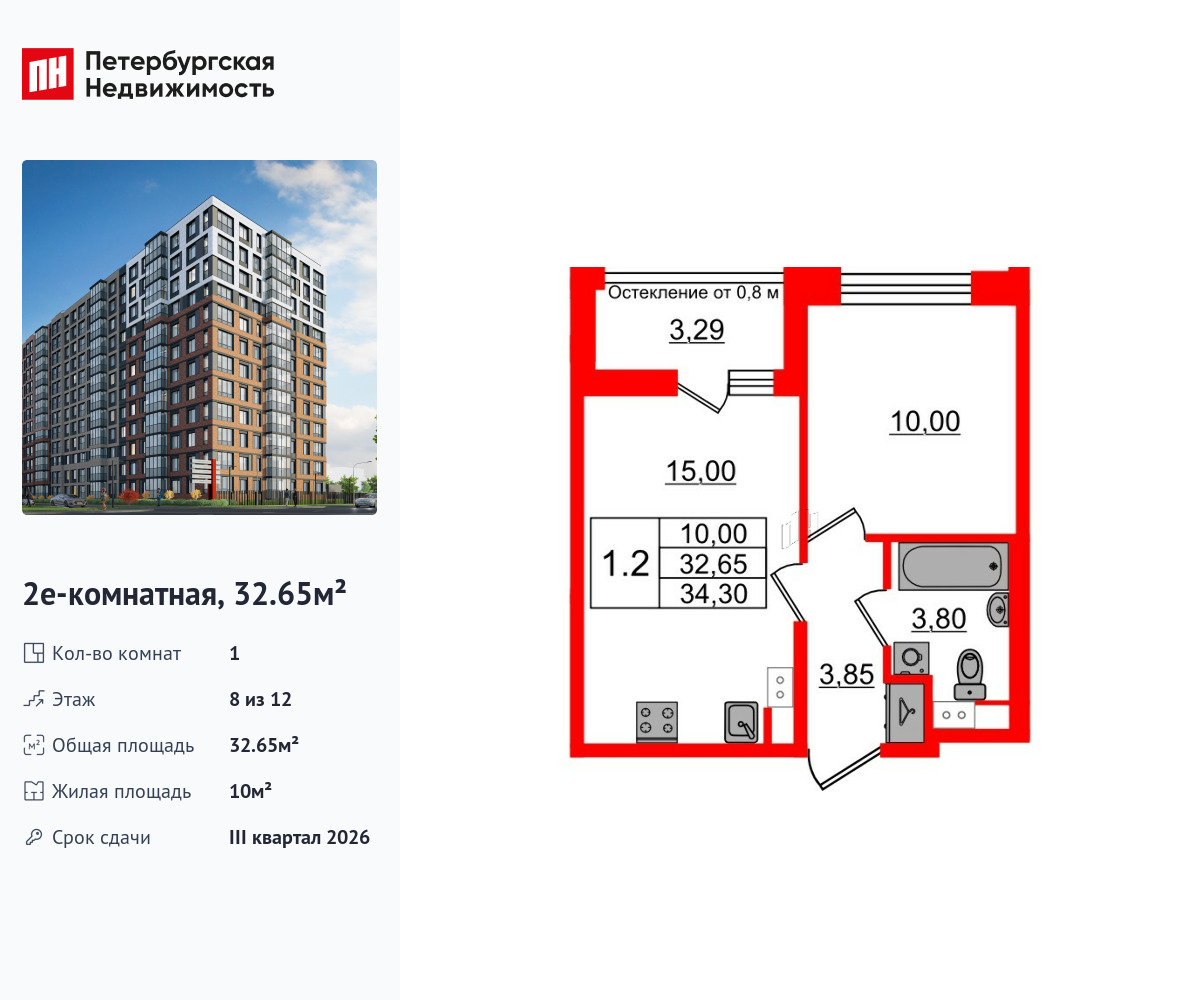 1-комнатная, 32.65 м2, ЖК «Астра Континенталь»