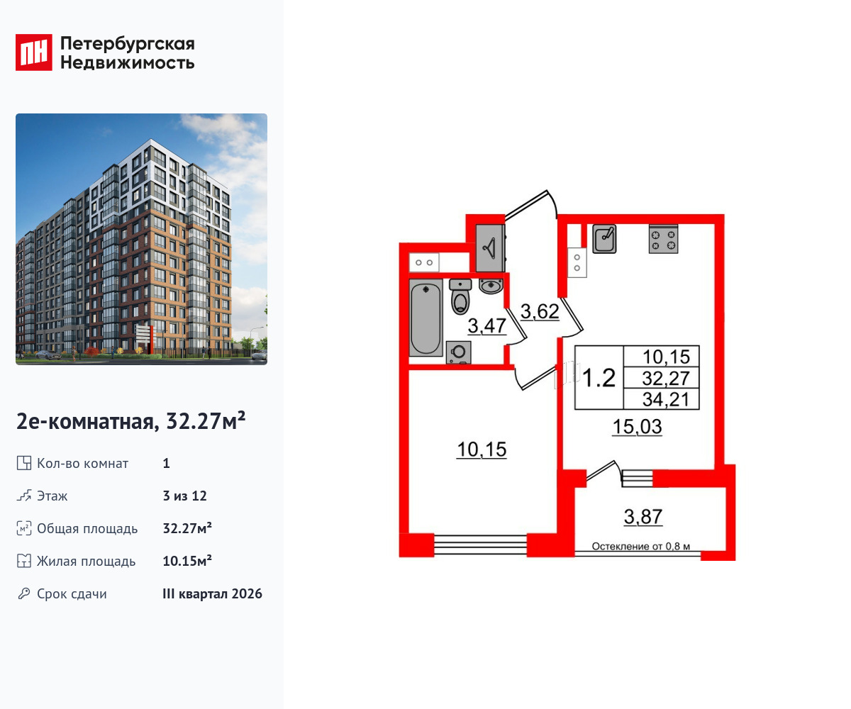 1-комнатная квартира, 32.27 кв.м, ЖК «Астра Континенталь»