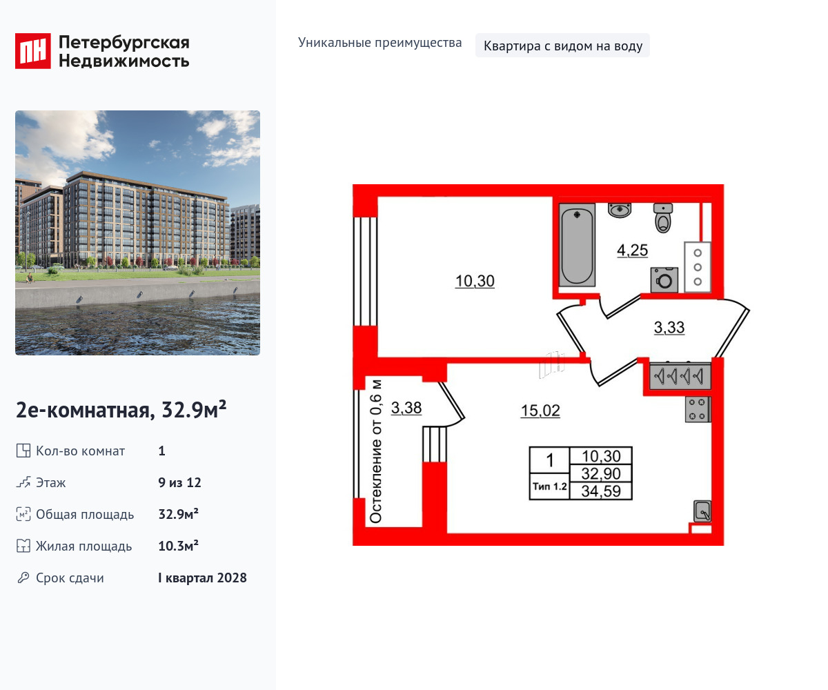 1-комнатная квартира, 32.9 кв.м, ЖК «Сэтл Ривьера»