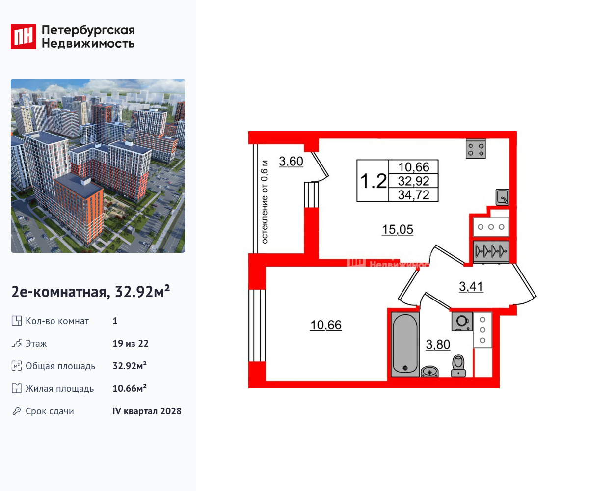 1-комнатная, 32.92 м2, ЖК «Город звезд»