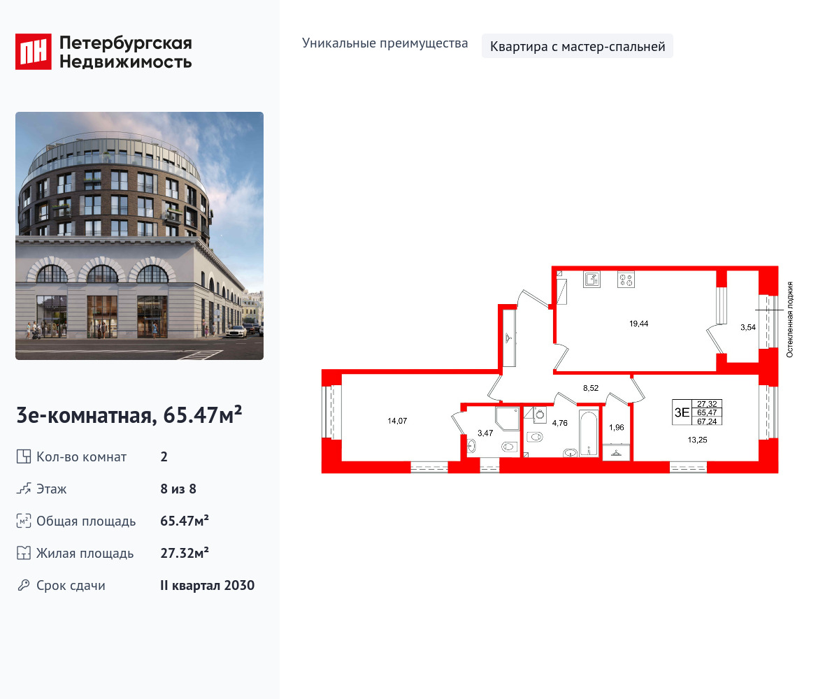2-комнатная, 65.47 м2, ЖК «Аристократ»