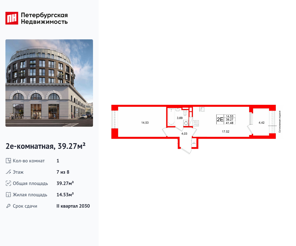 1-комнатная, 39.27 м2, ЖК «Аристократ»