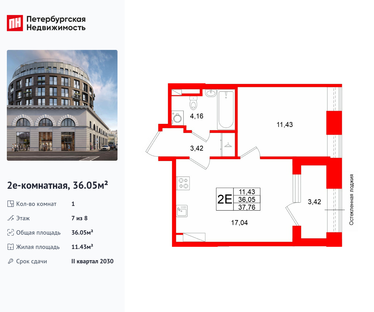 1-комнатная квартира, 36.05 кв.м, ЖК «Аристократ»