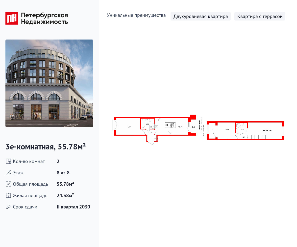 2-комнатная квартира, 55.78 кв.м, ЖК «Аристократ»
