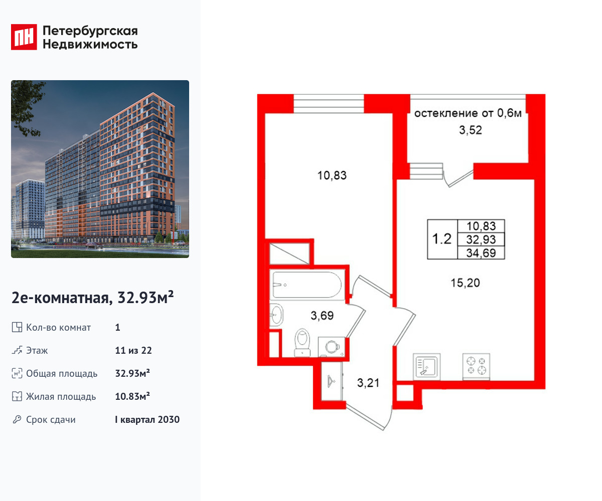 1-комнатная, 32.93 м2, ЖК «Город звезд»